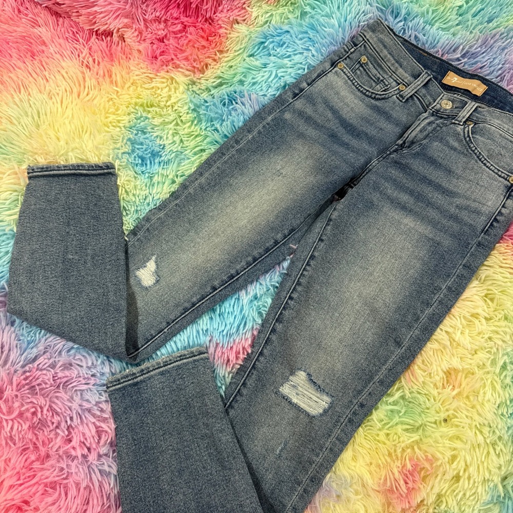 7 For All Mankind Luxe Vintage The Ankle Skinny Distressed Jeans Medium Wash